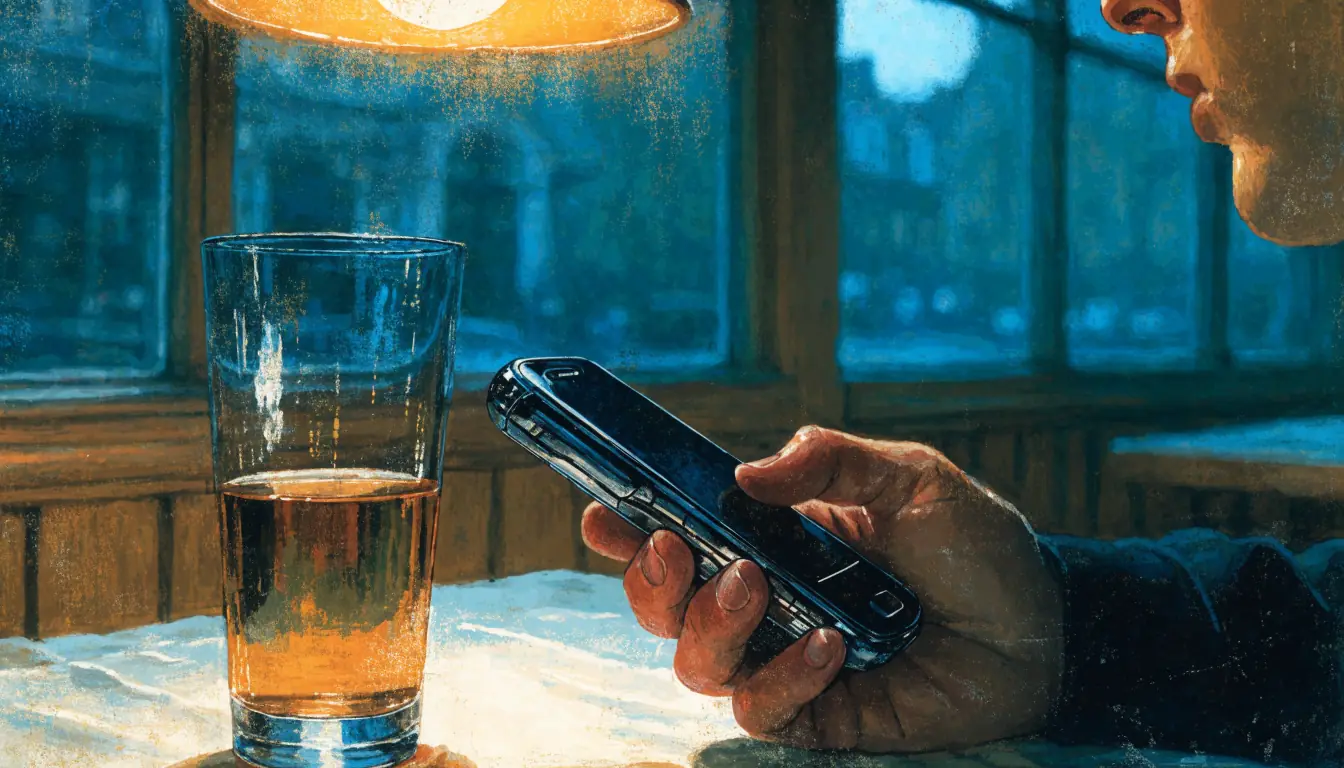 Hand holding a smartphone in a British pub, evening ambience.