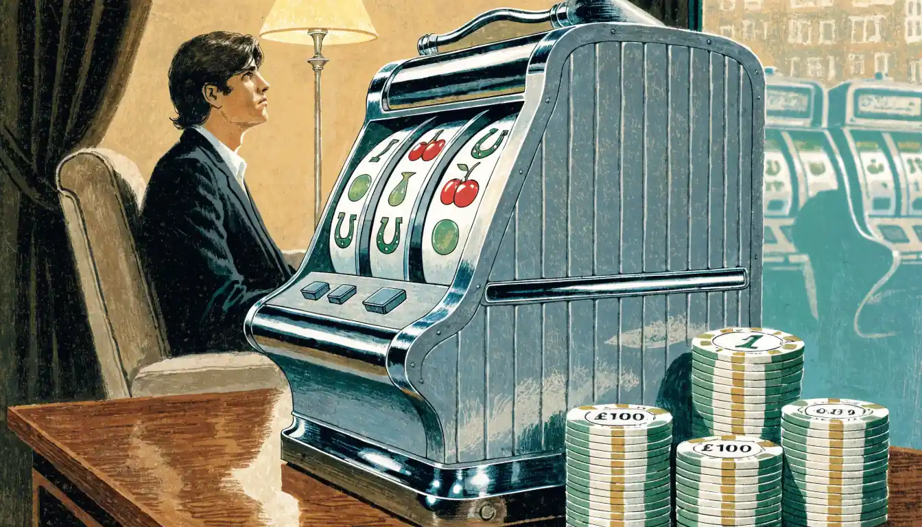 Classic slot machine with British pound chips in a UK casino lounge