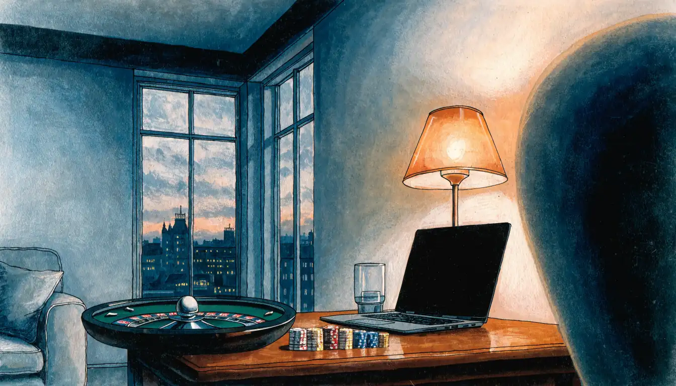 British living room with casino chips, roulette ball, and closed laptop at dusk.