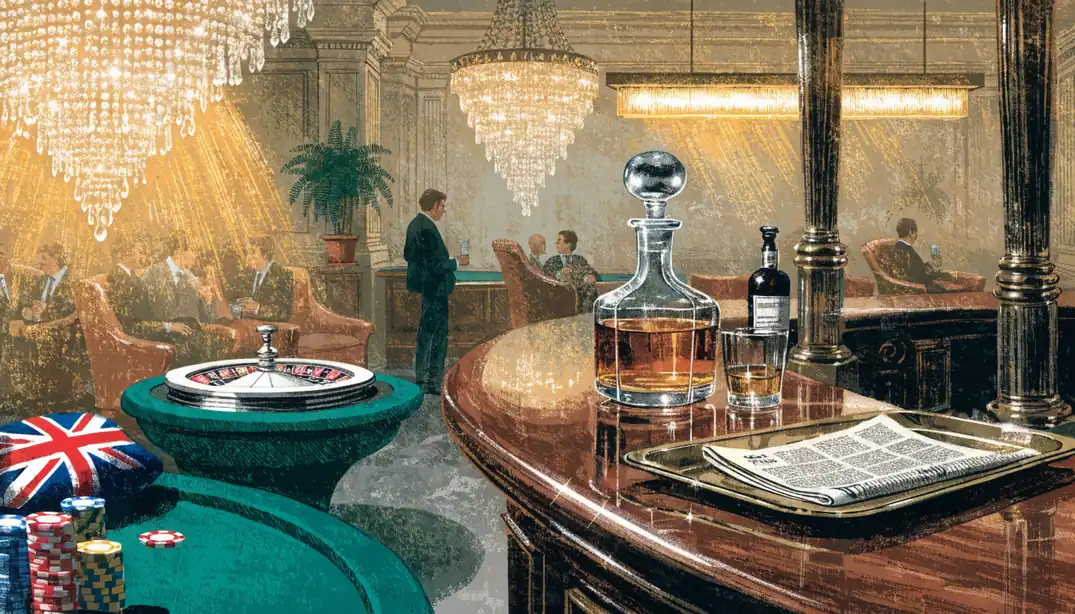Elegant UK casino lounge interior with chandeliers, roulette wheel, and gaming chips.