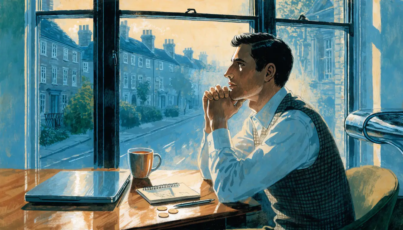 British man at desk with closed laptop, tea, notebook and coins in a bright London flat.