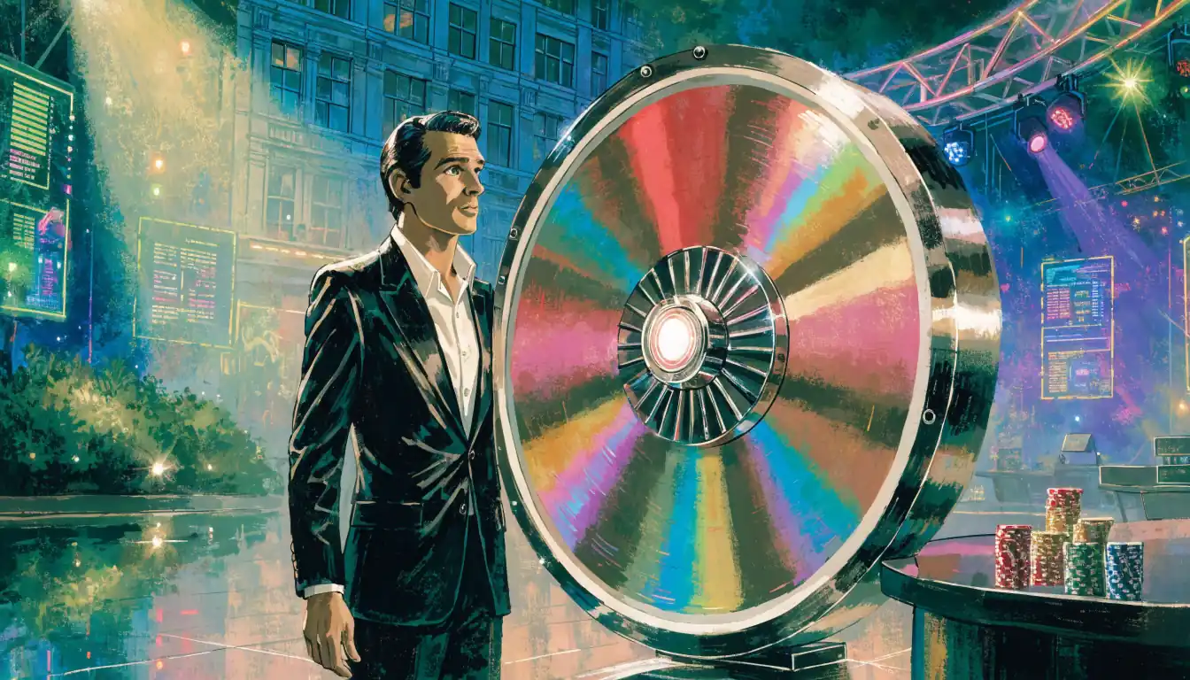 Live casino game show studio with presenter and prize wheel.