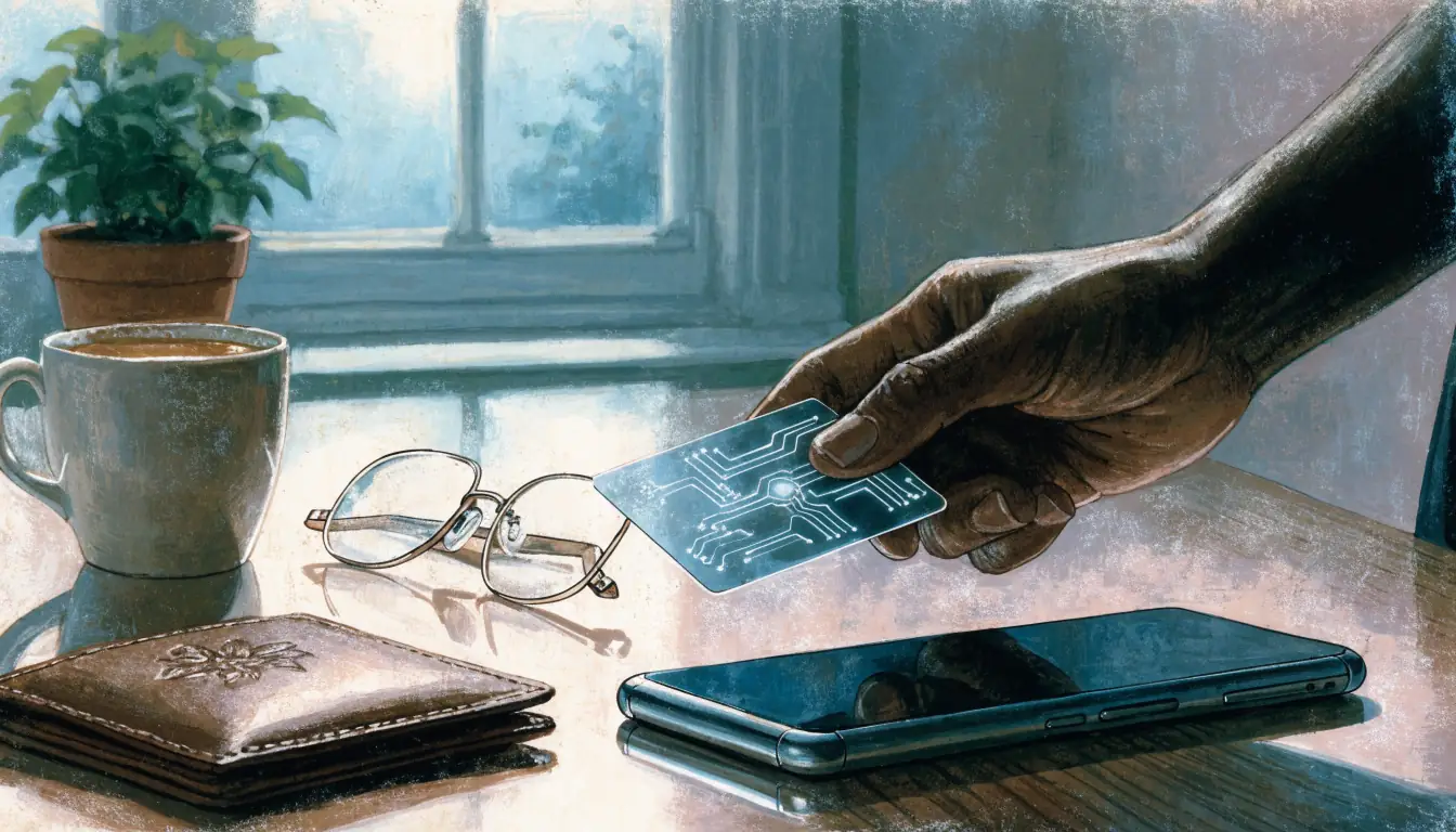 Contactless payment card near a smartphone on a British home office desk with tea and glasses.