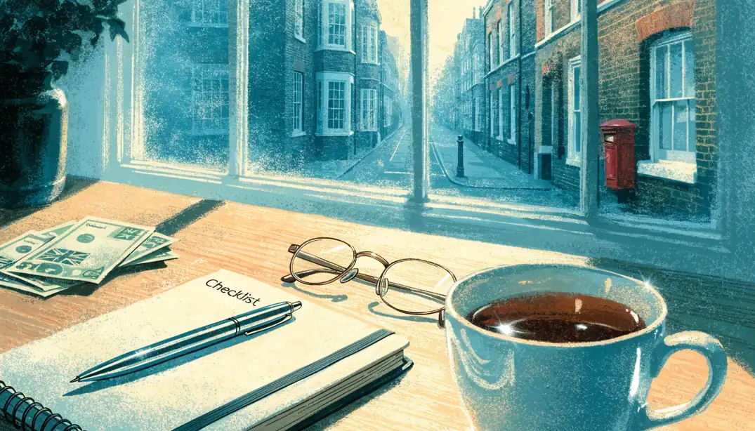 British pound notes, checklist notebook, tea, and reading glasses on a wooden desk by a window.