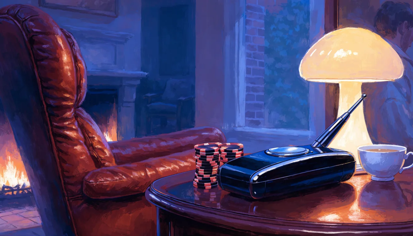 Cozy British living room with casino chips, a closed phone, and a warm fireplace at night.