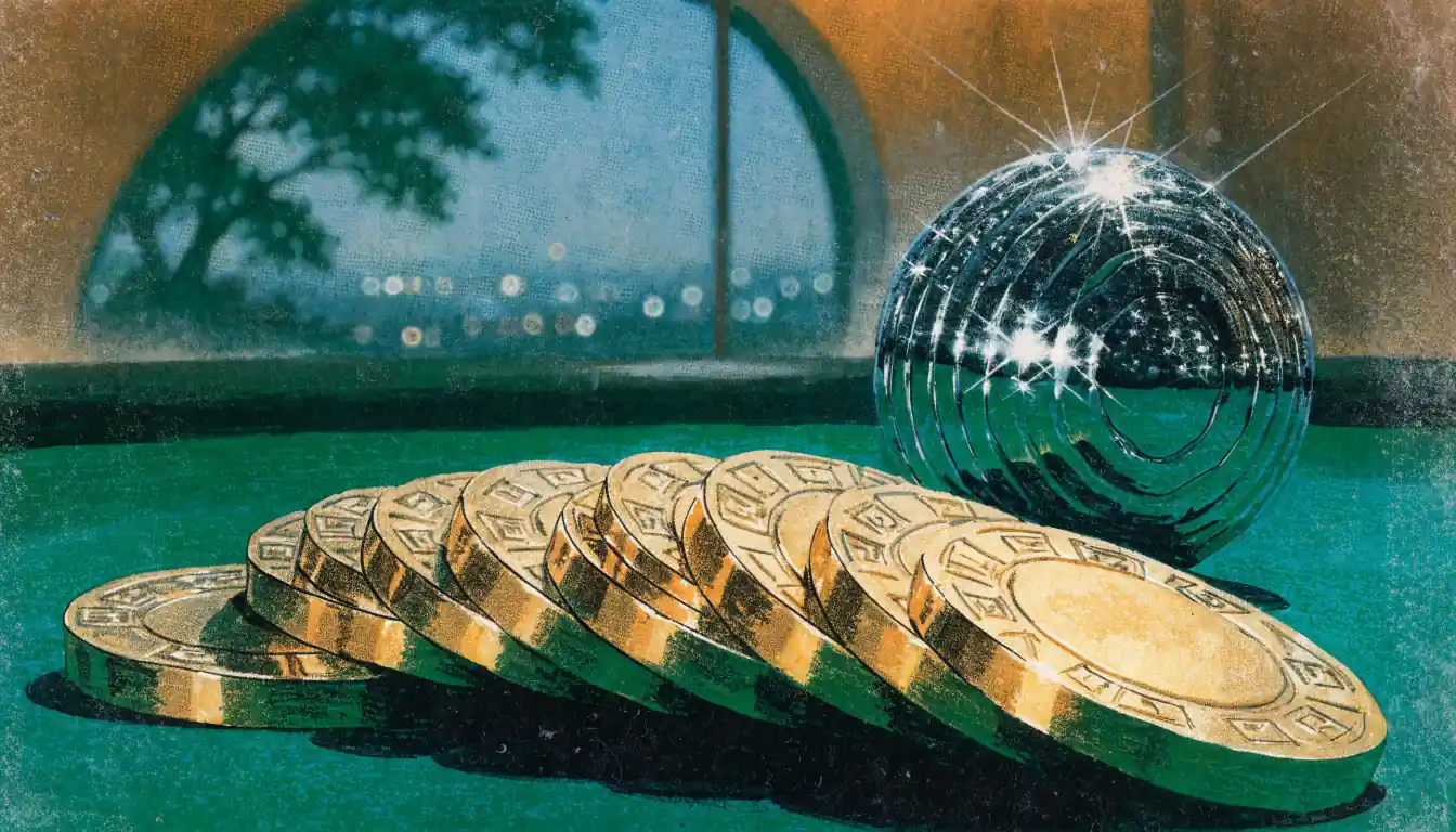 Golden casino chips and roulette ball with London evening view through arched windows.