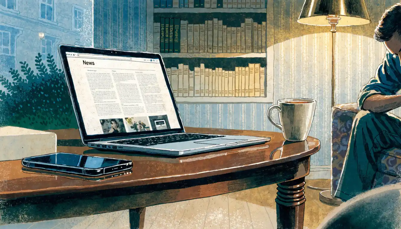 British living room corner with a smartphone, laptop, and tea at evening