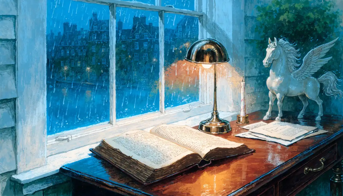 Candlelit British study at dusk with winged horse figurine and leather book