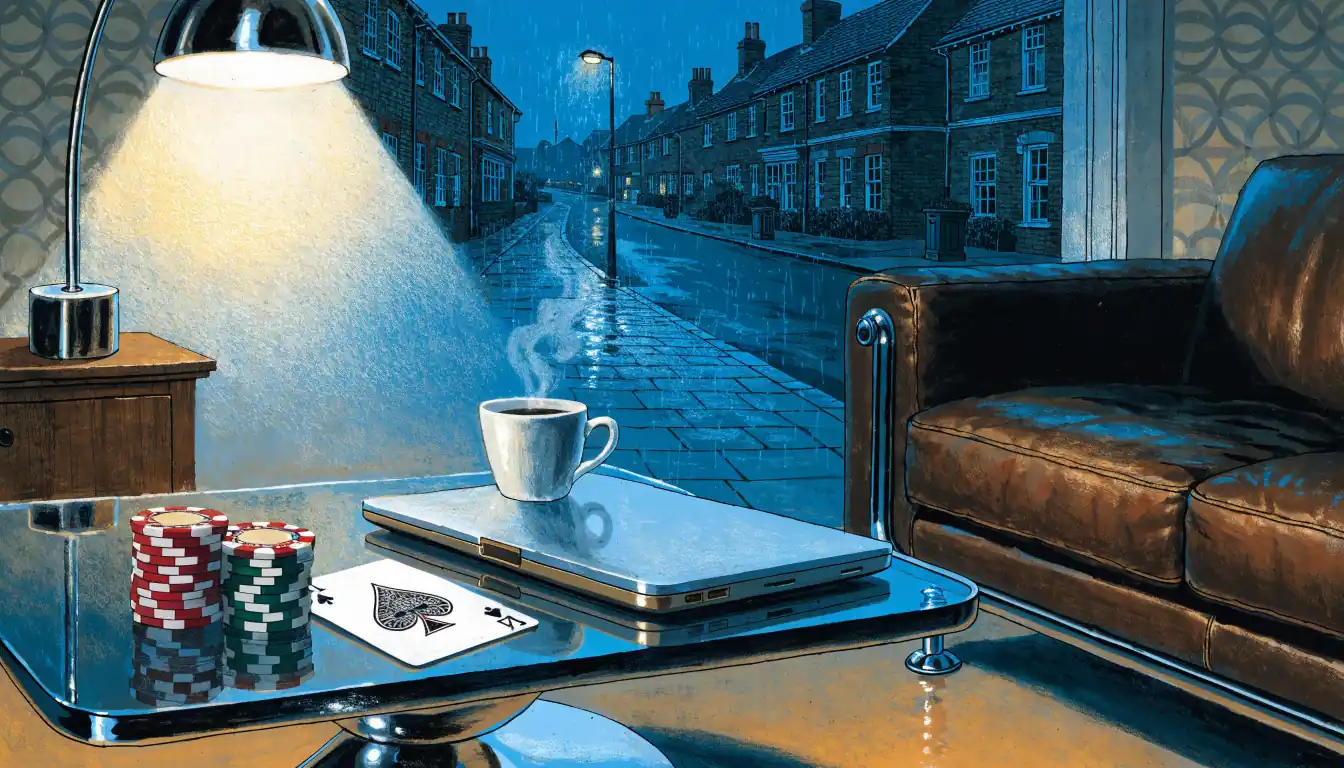 Warmly lit British living room with casino chips and a closed laptop on a coffee table.