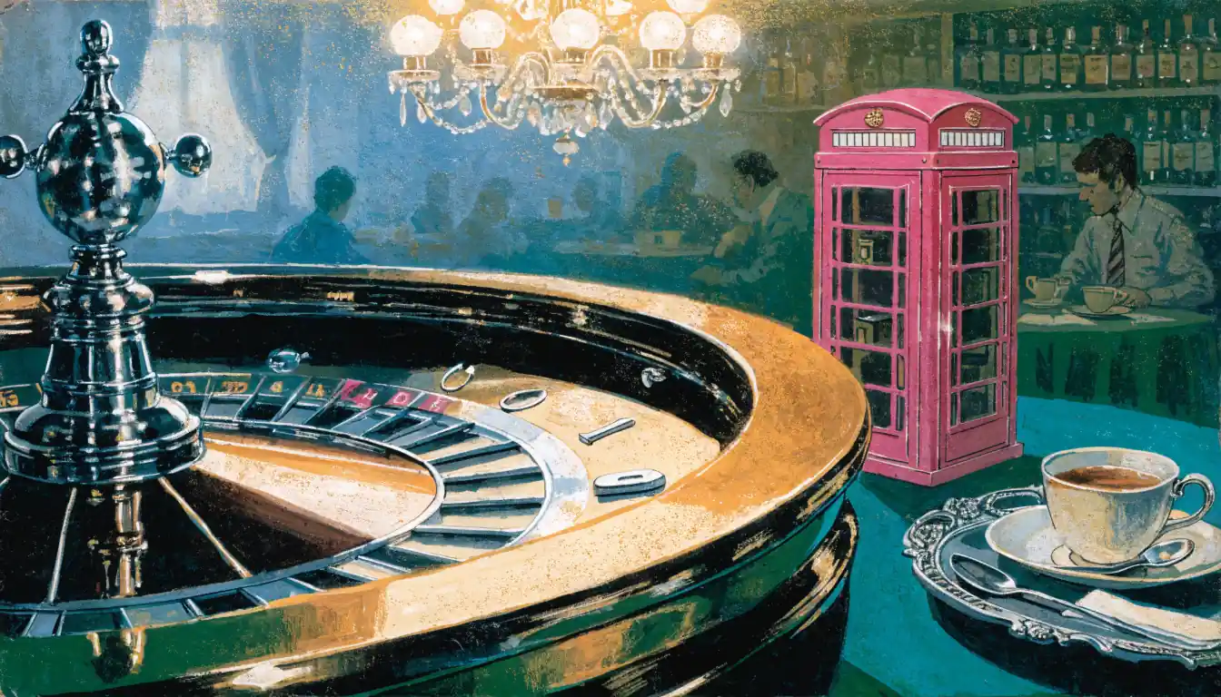 Roulette wheel on green felt in a UK casino setting.