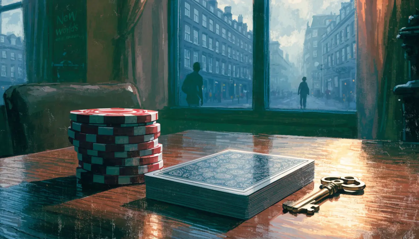 Casino chips on green felt inside a British gaming club with a London window view.