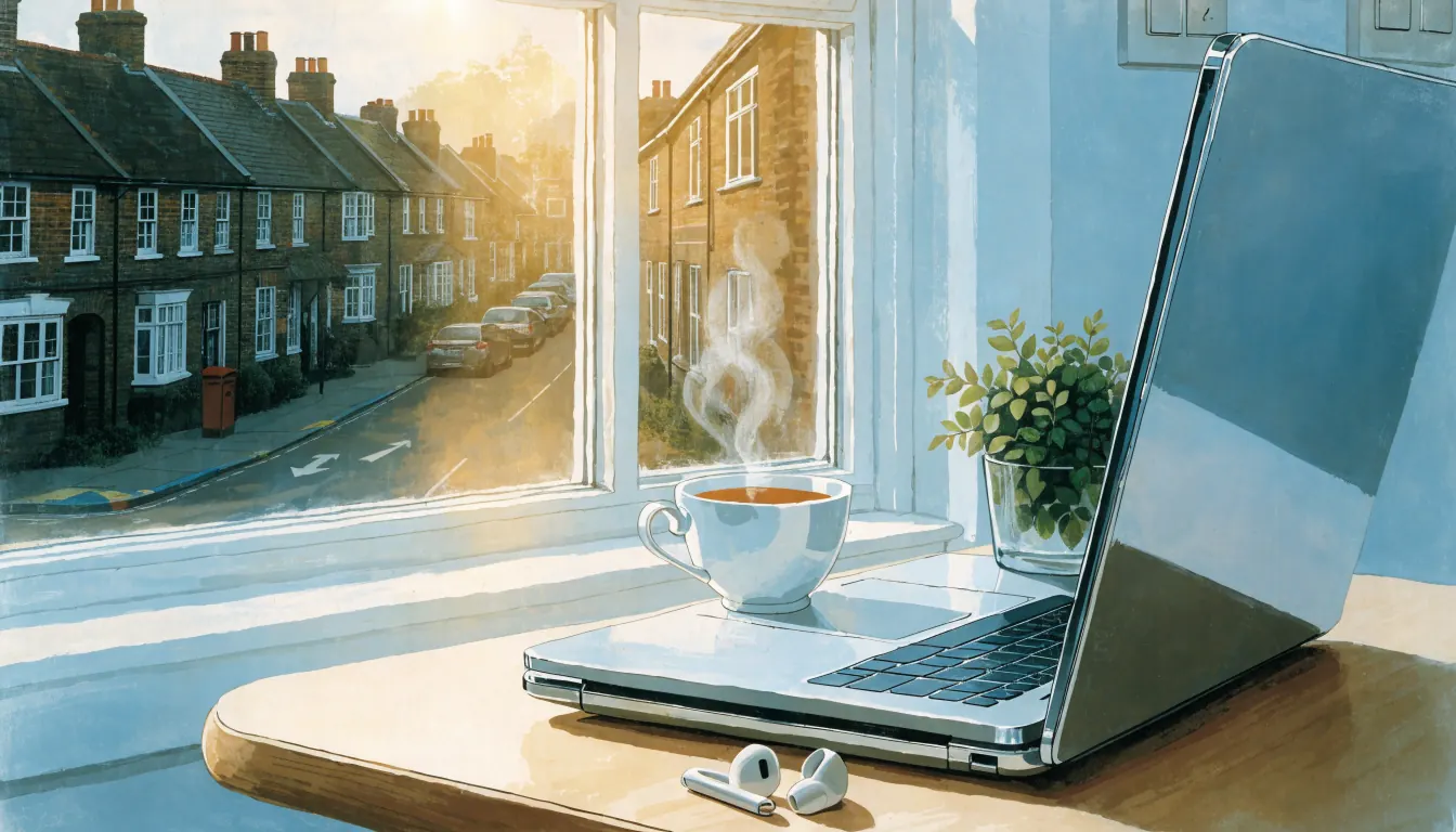 Laptop on a British home desk with tea, near a window overlooking a residential street.