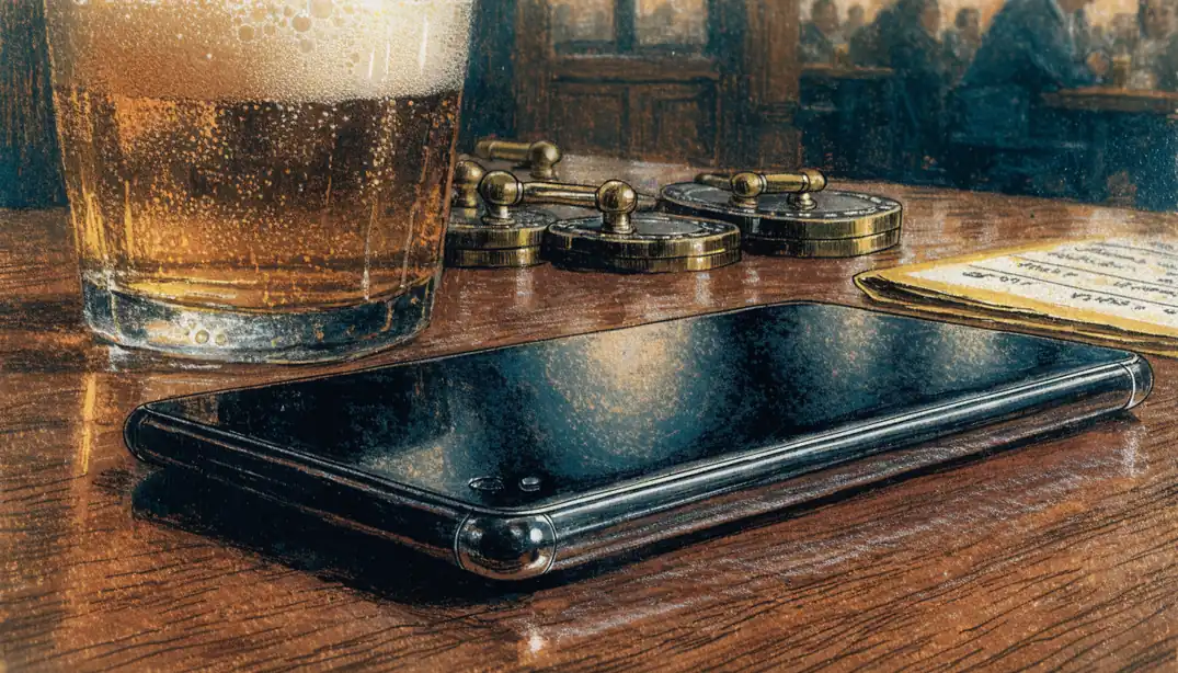 Smartphone face-down on a pub table with ale and chips in the UK.