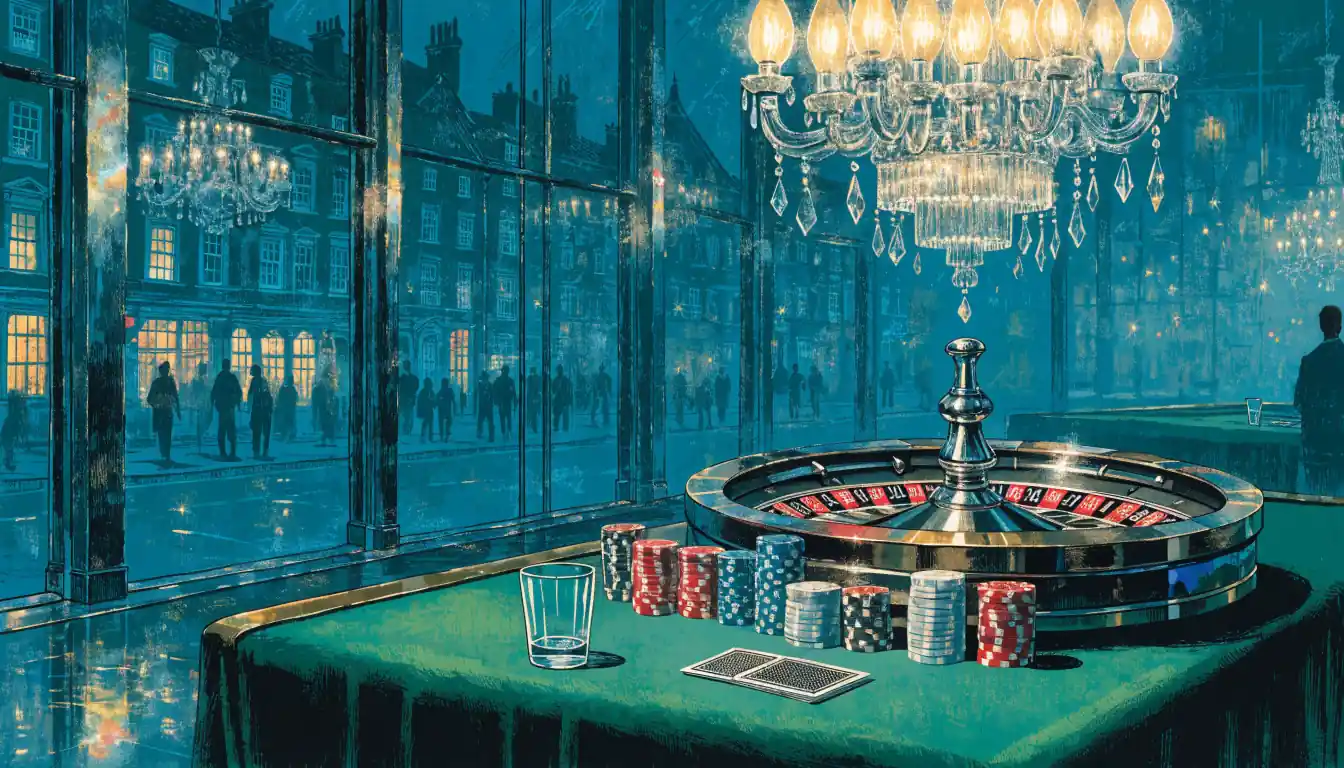 Elegant London casino lounge with roulette wheel and chips at night.