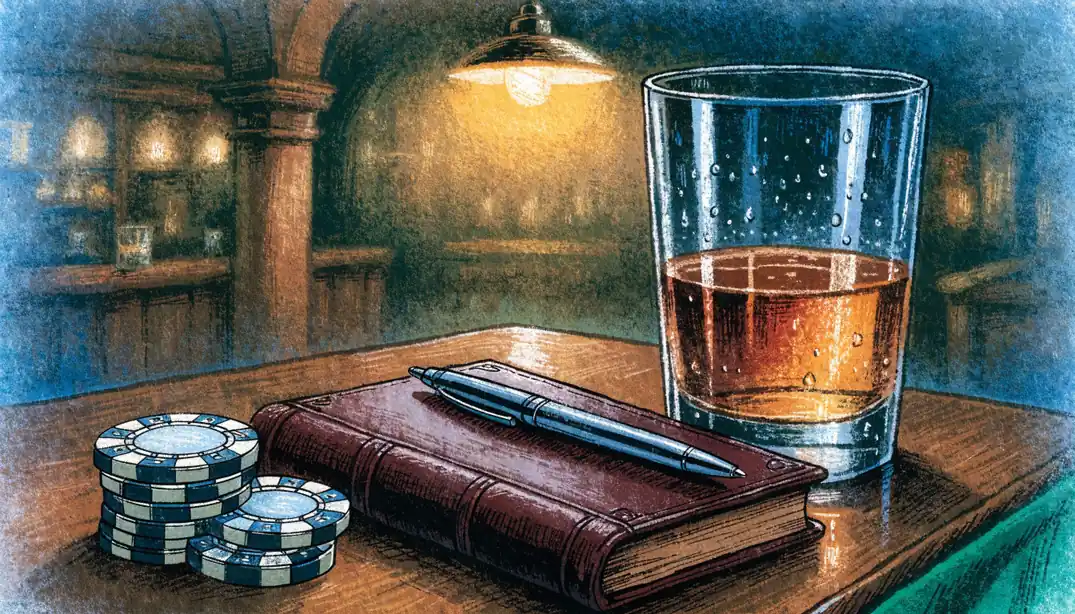 Casino chips and whisky on a wooden pub table in London.