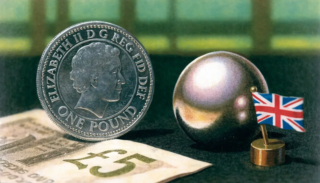 UK pound currency, a die, and a small union jack pin on a felt surface.
