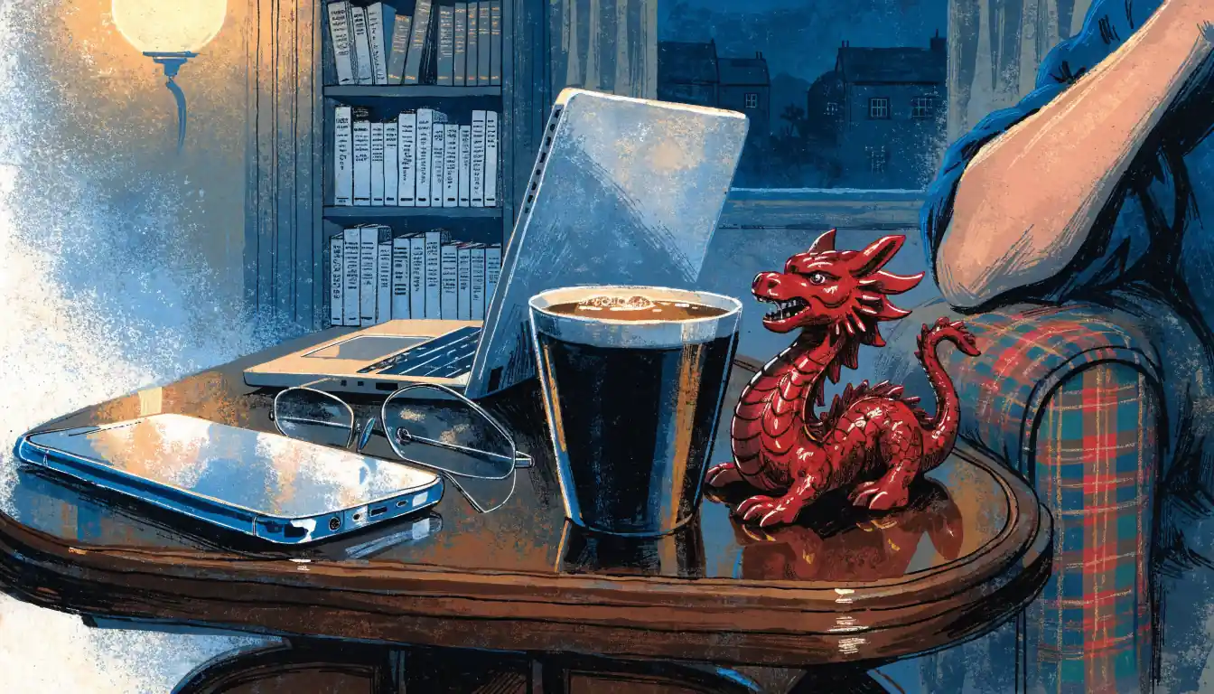 British living room with phone, laptop, tea, and red dragon figurine on a side table.