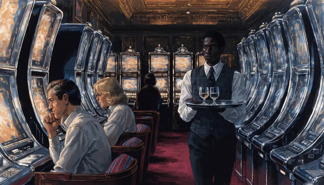 Elegant UK casino lounge interior with rows of glowing slot machines under warm lighting
