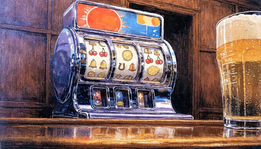 Classic British fruit machine glowing inside a traditional pub