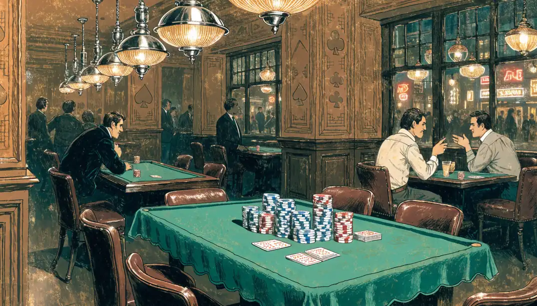 British pub interior with warm lighting and a green card table with stacked chips