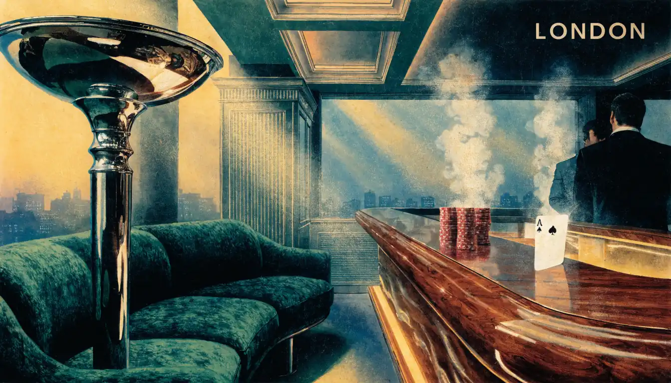 British casino lounge interior with green seating and roulette chips on counter