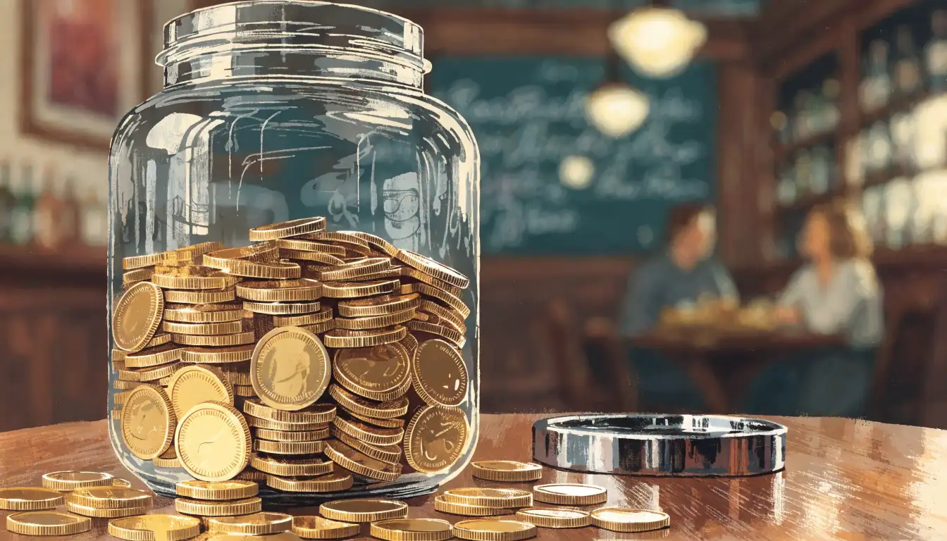 Overflowing glass jar of gold coins on a wooden pub table.