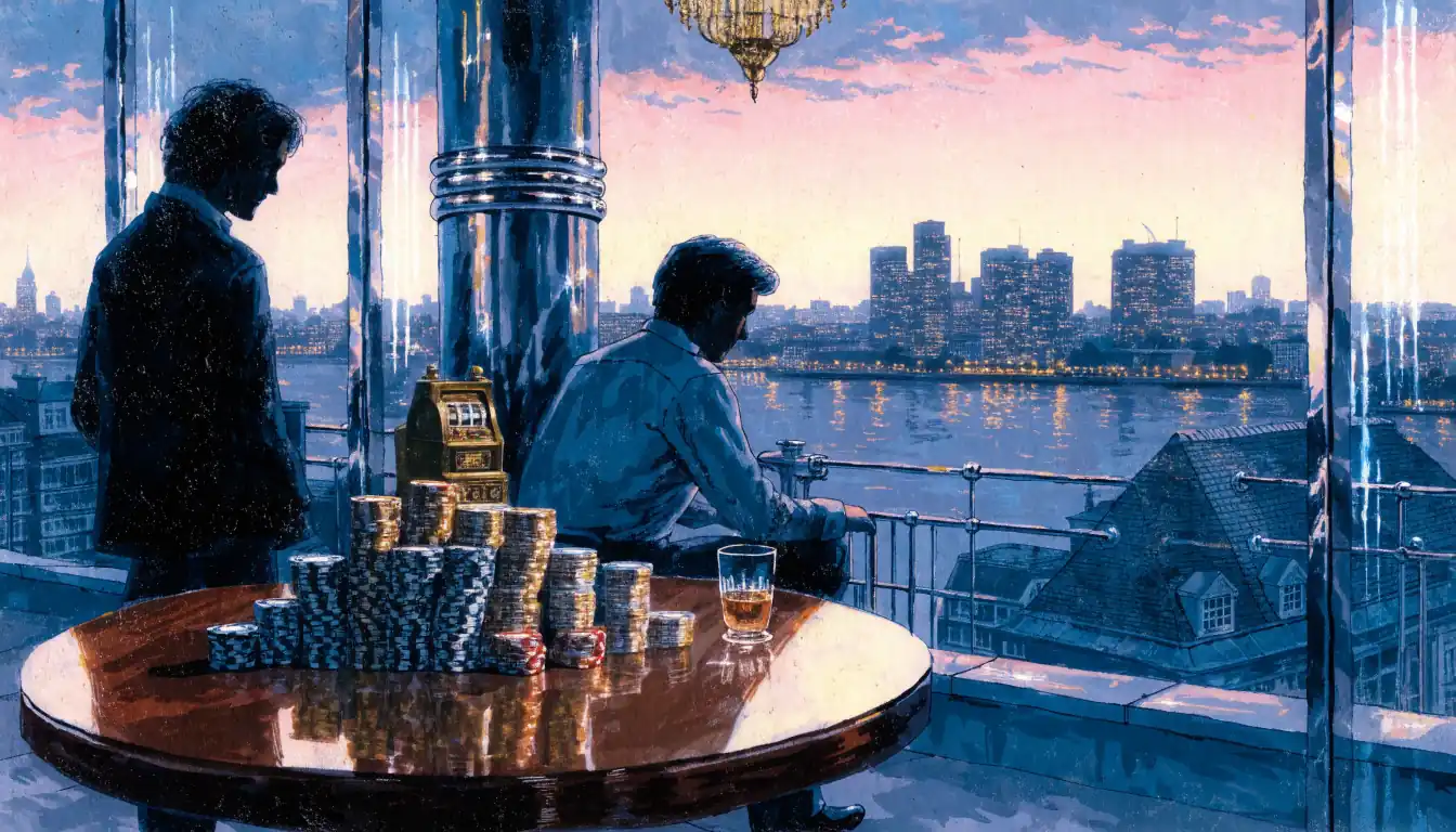 London rooftop lounge with casino chips and slot machine ornament at dusk