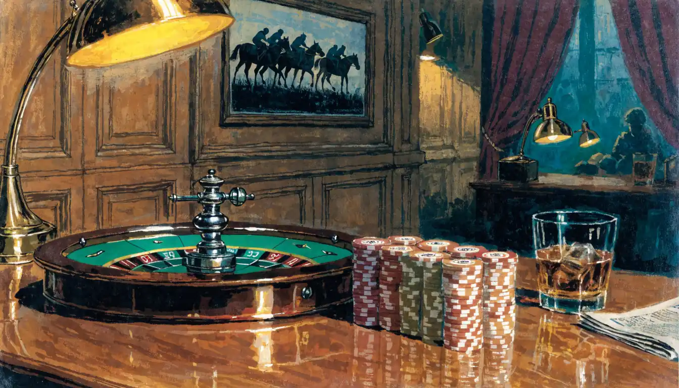 Roulette wheel and stacked chips on a mahogany table in a traditional London club interior.