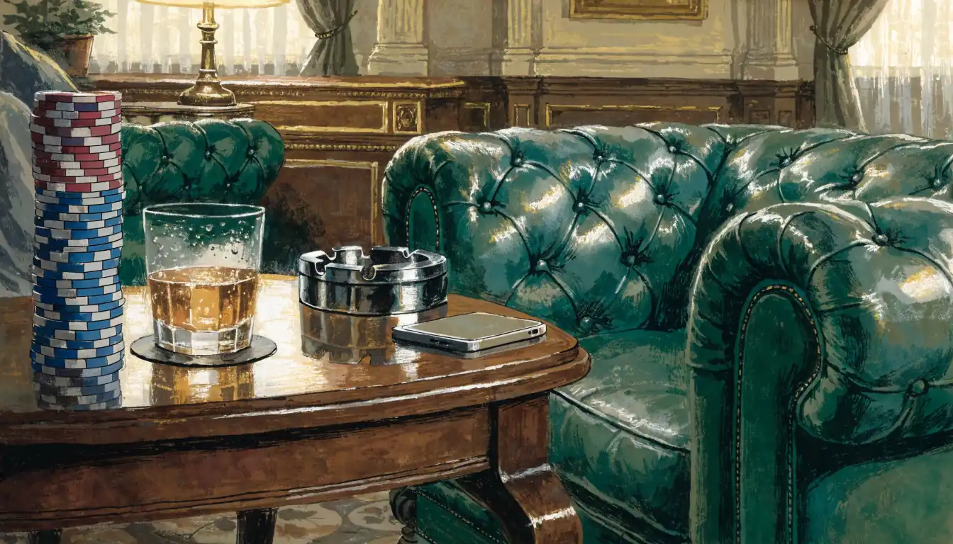 Cozy British-style lounge with leather armchair, whisky glass and casino chips on a wooden side table.