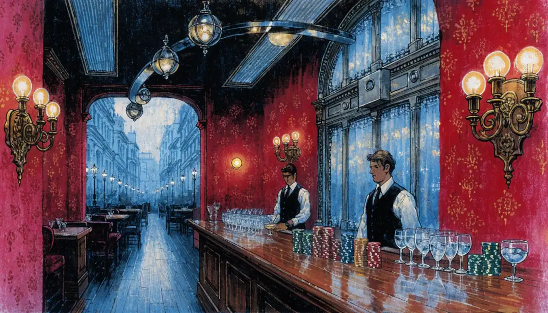 Elegant British casino lounge interior with red velvet walls and warm lighting