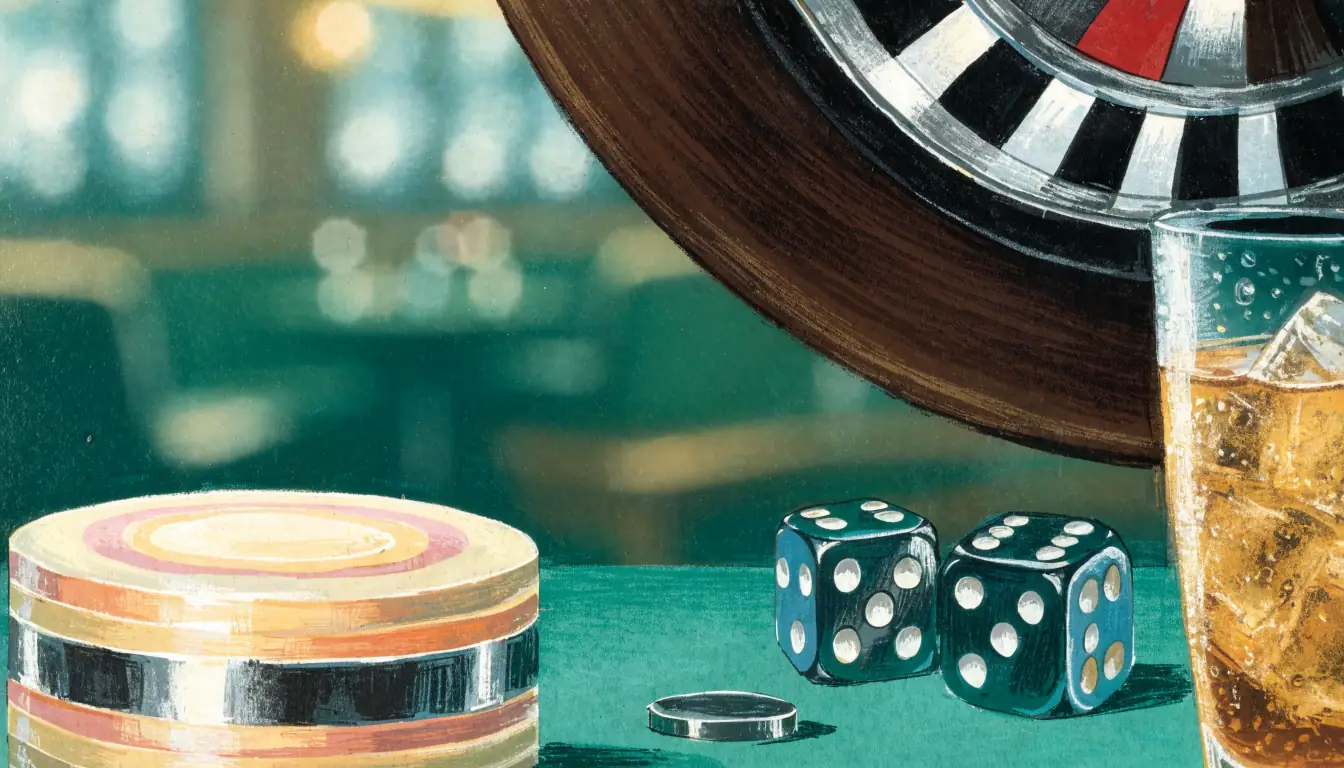Casino chips, dice and a roulette wheel on a green felt table.