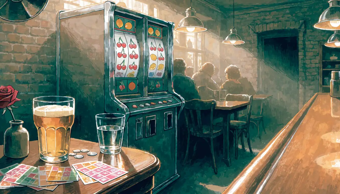 Warm British pub scene with Slingo bingo cards and chips on a wooden table