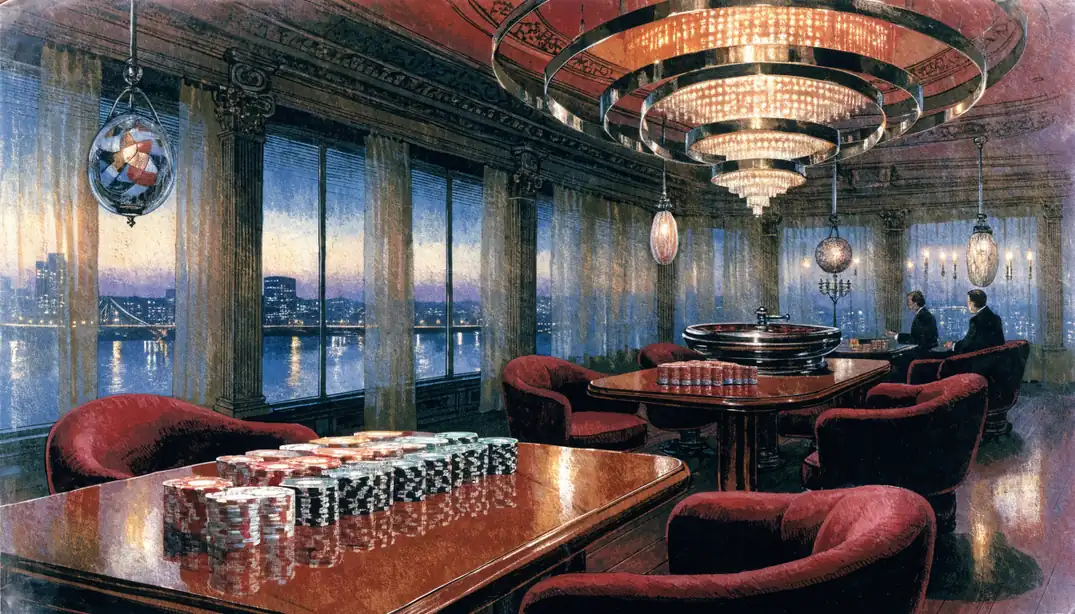 Elegant London casino lounge with velvet seating, warm chandelier lighting, chips, and roulette wheel by the window.