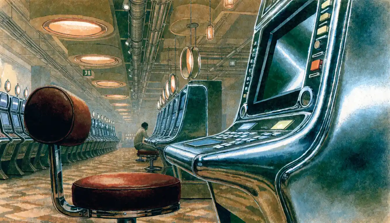 Modern UK casino floor with rows of slot machines under warm ambient lighting.