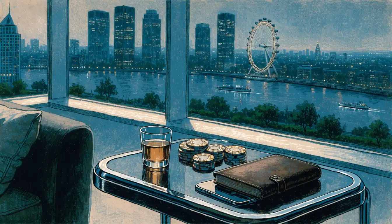 Modern London lounge with casino chips and whisky beside a Thames view at night.