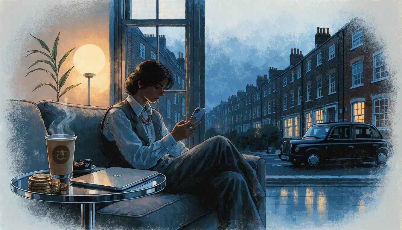 Person relaxing in a London flat with crypto coins and a smartphone at dusk.