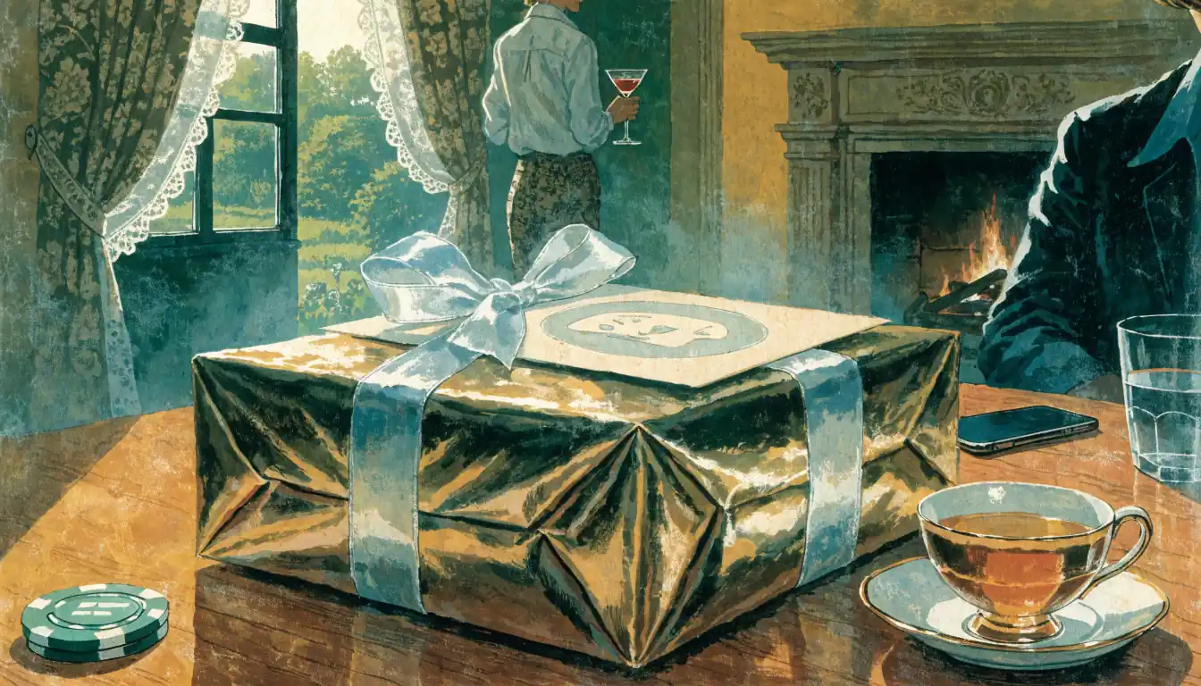Birthday gift box and casino chip on a table beside a face-down phone in a British living room.