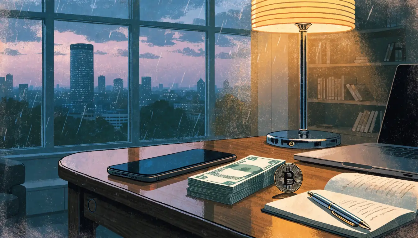 London flat table scene with phone, BCH coin, pounds and notebook at dusk