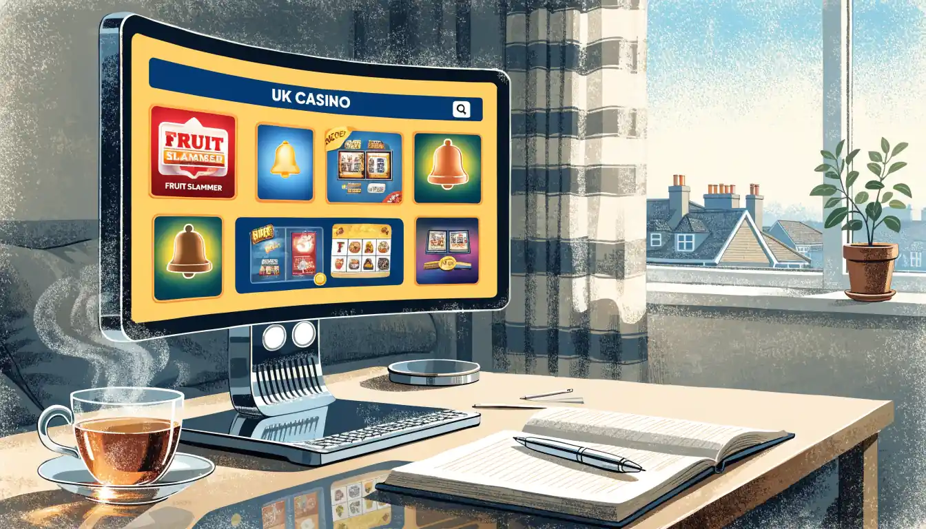 UK online casino lobby on a home computer with tea and a notebook