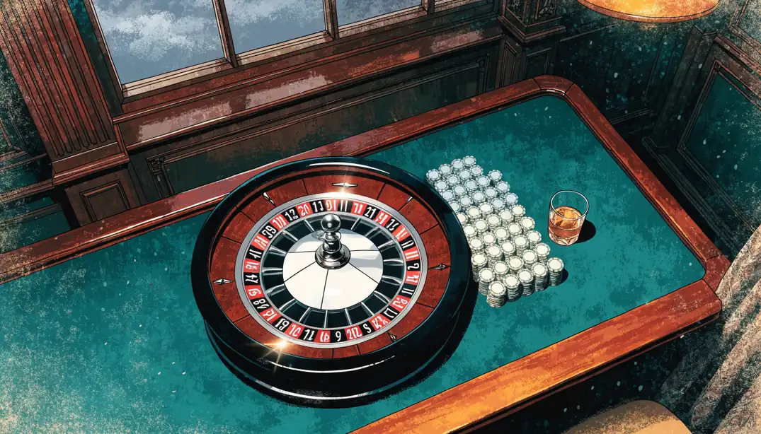 Roulette wheel and casino chips on a wooden table in a warm, club-style room.