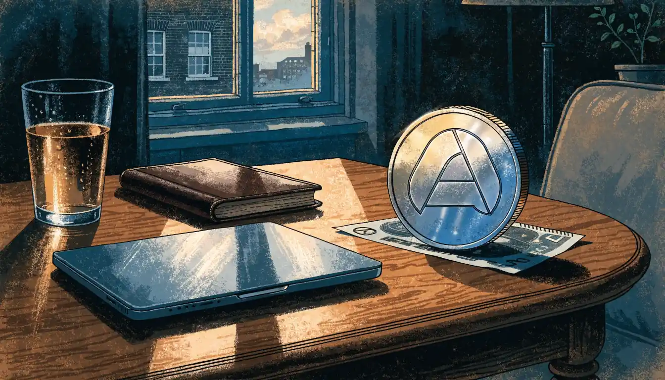 Closed laptop, ADA coin, and British pound note on a wooden table.