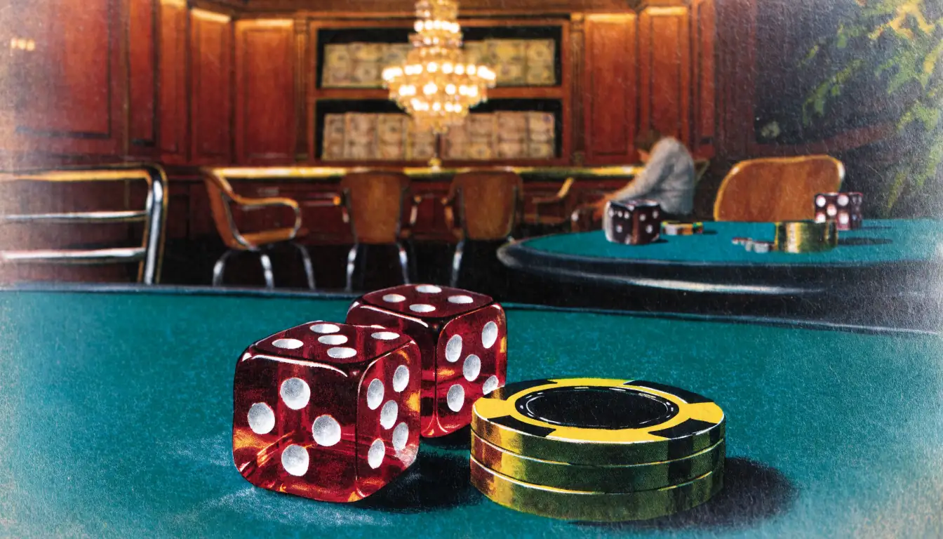 Red dice and poker chips on green felt in a London casino lounge.