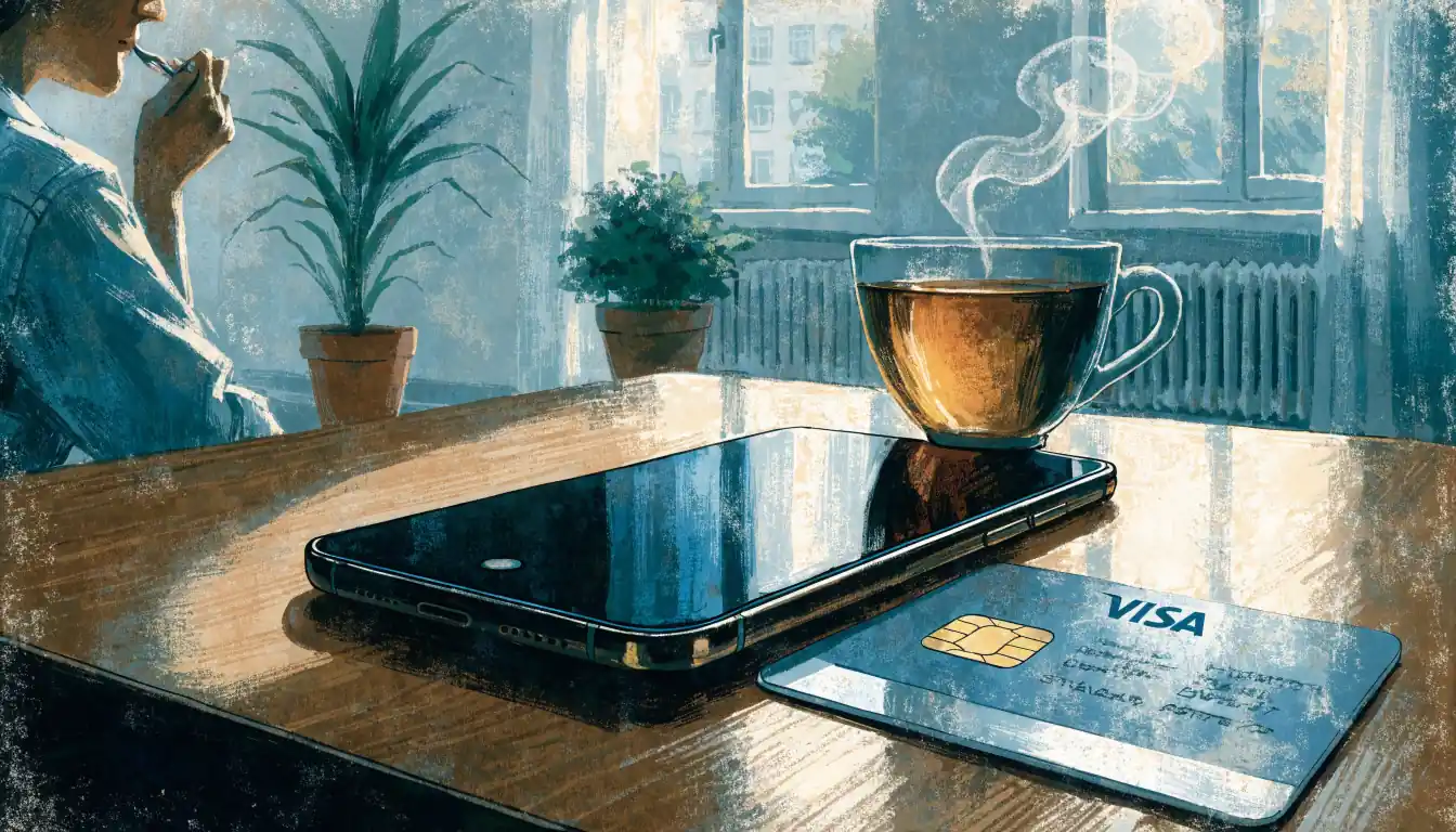 Smartphone on a wooden table with a bank card and tea, suggesting instant withdrawal.