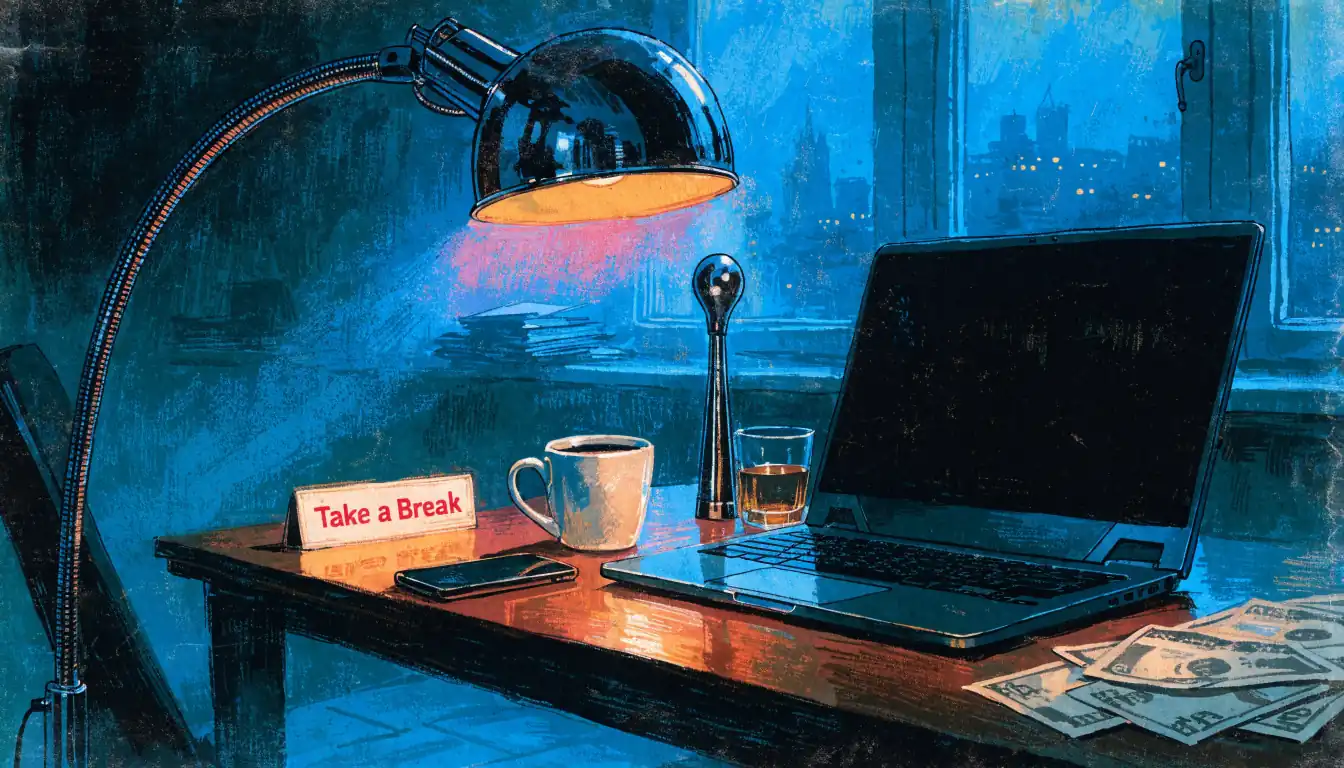 Closed laptop, face-down phone, and a self-exclusion reminder on a night desk.
