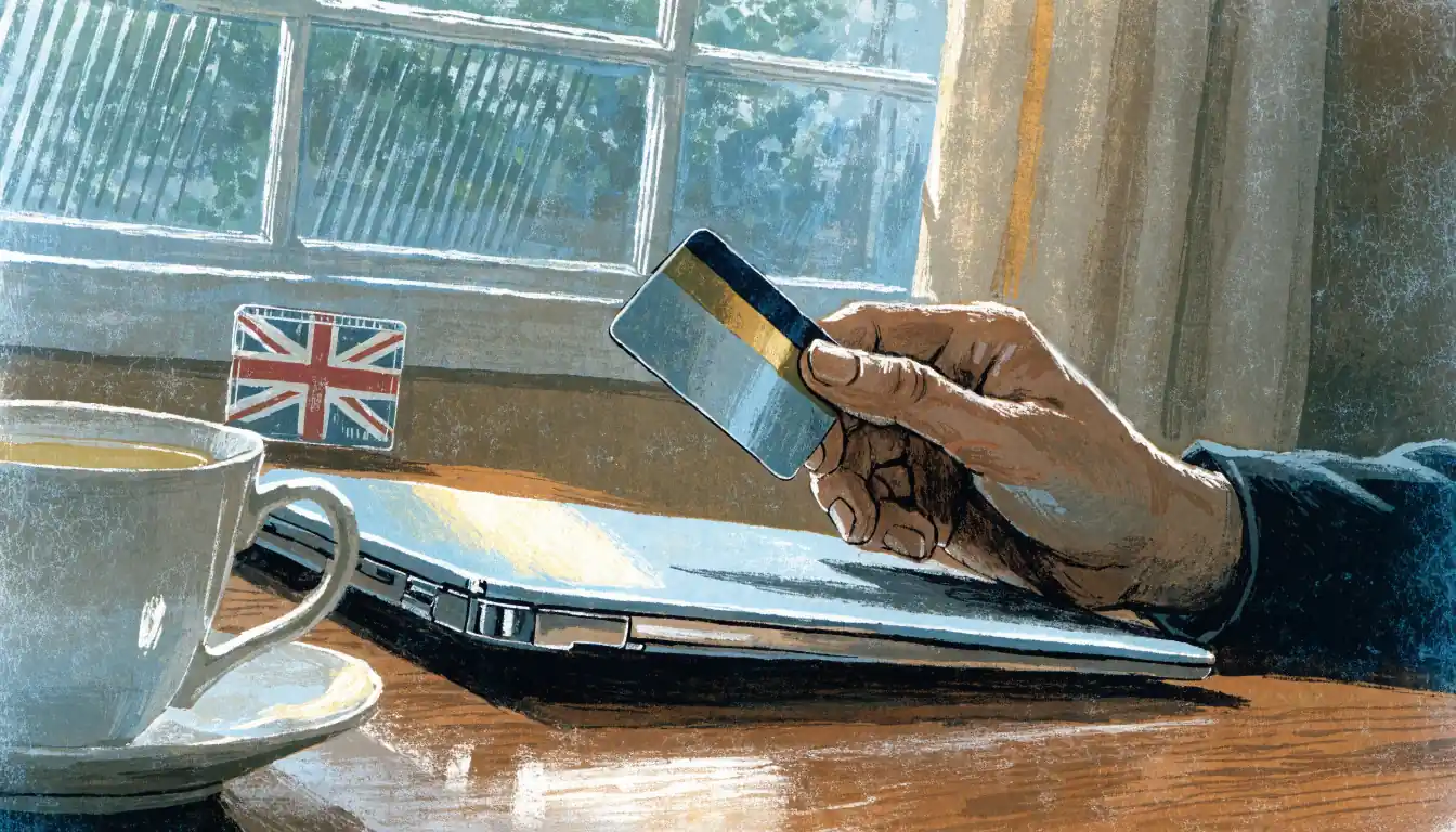 Hand holding credit card next to a laptop on a desk in a UK home office setting