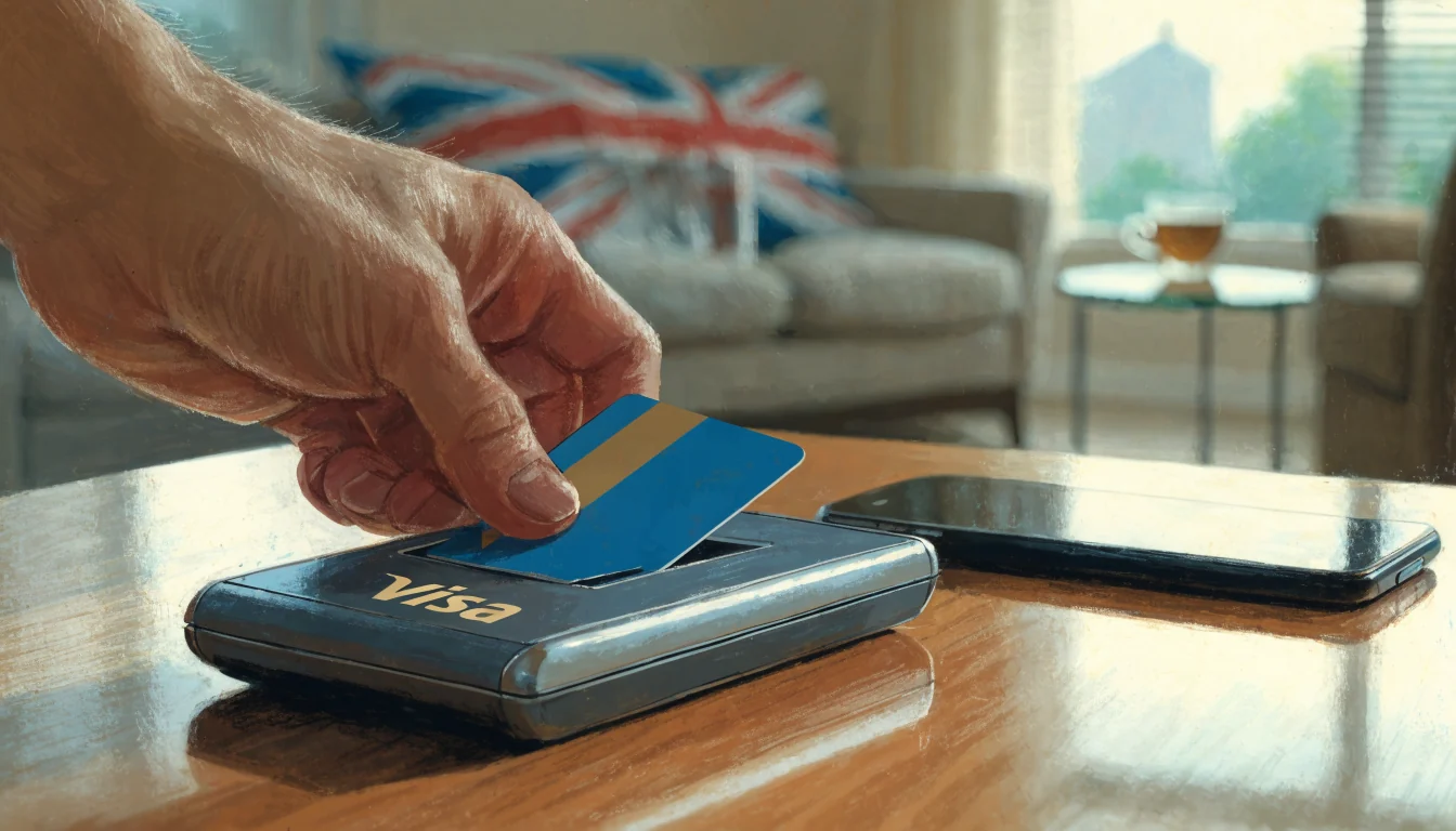 Hand inserting a UK Visa debit card into a card reader on a table, phone face-down.