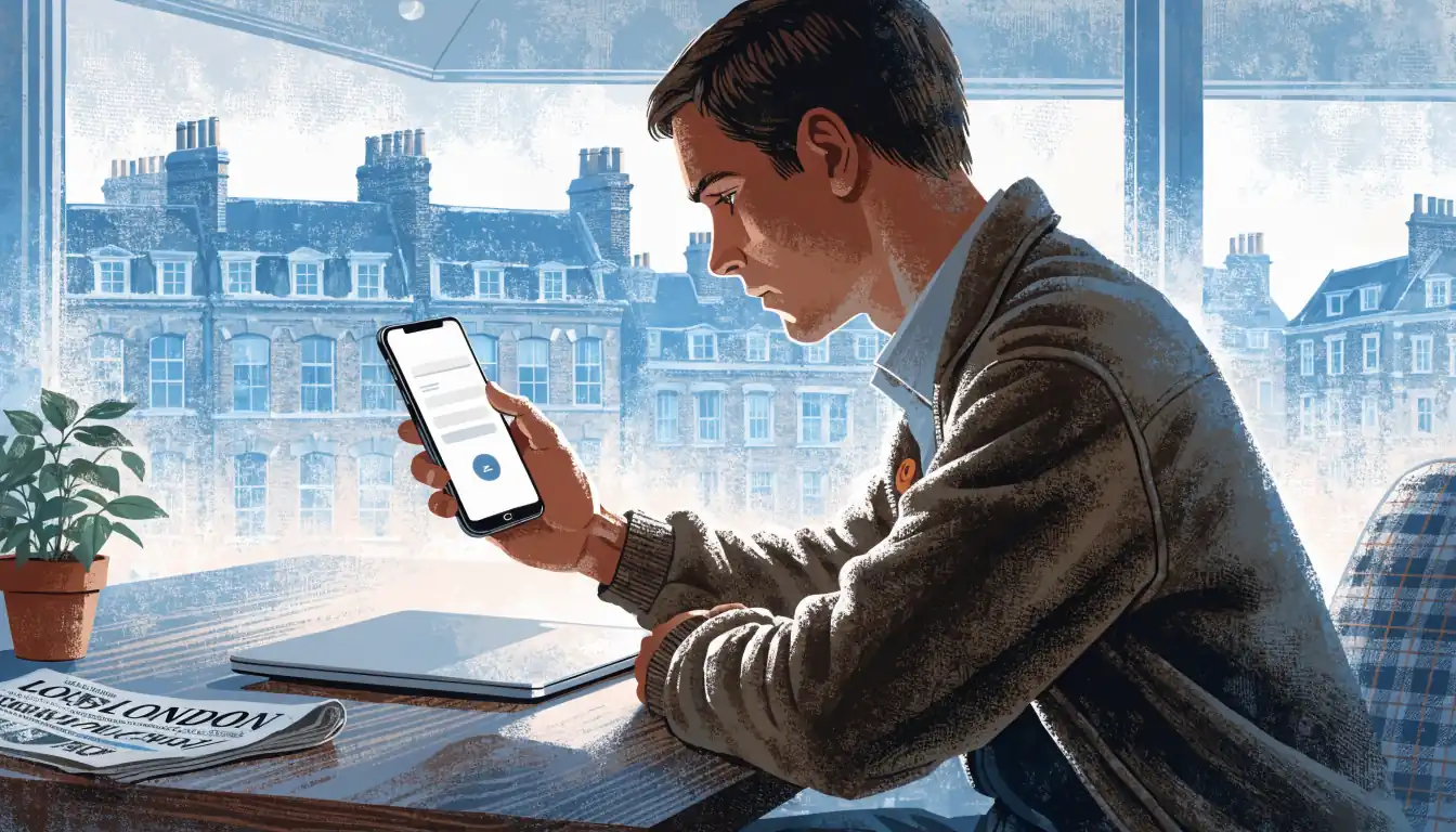 British player using mobile payment app at desk in modern UK flat.