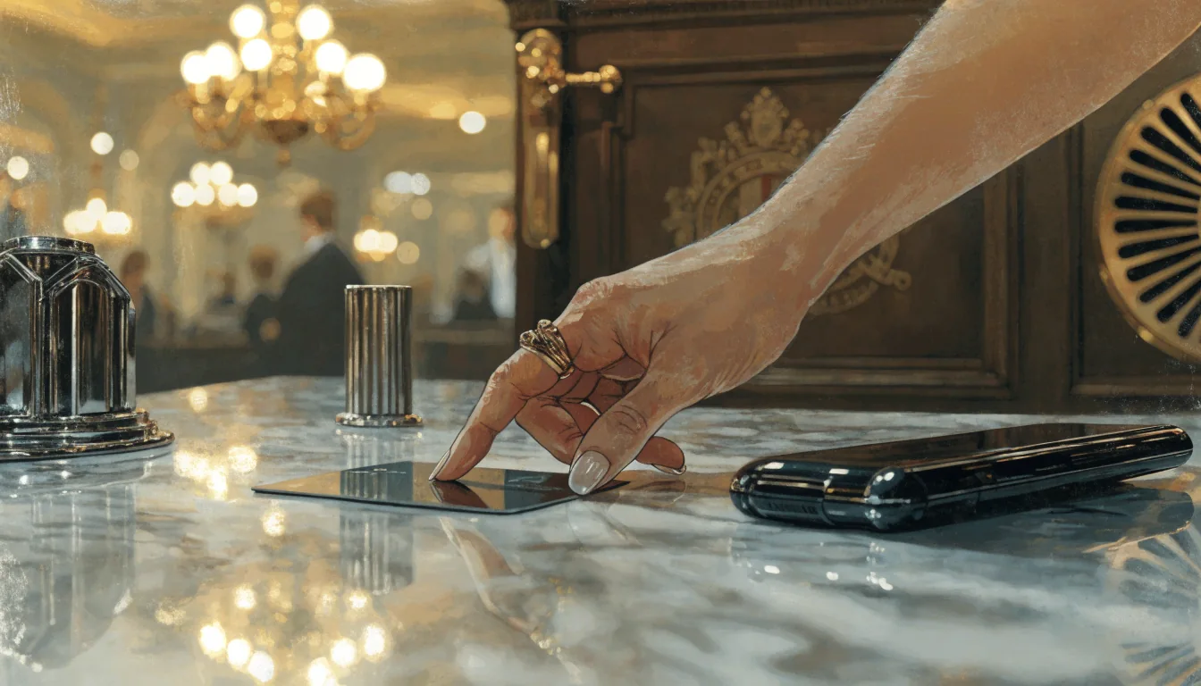 UK casino cashier counter with payment card and face-down smartphone, warm amber lighting