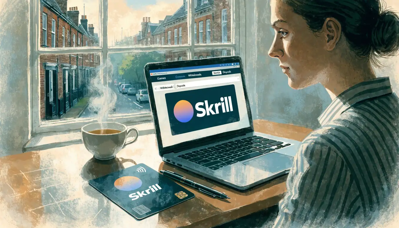 UK online casino cashier on a laptop with Skrill e-wallet card on a desk.