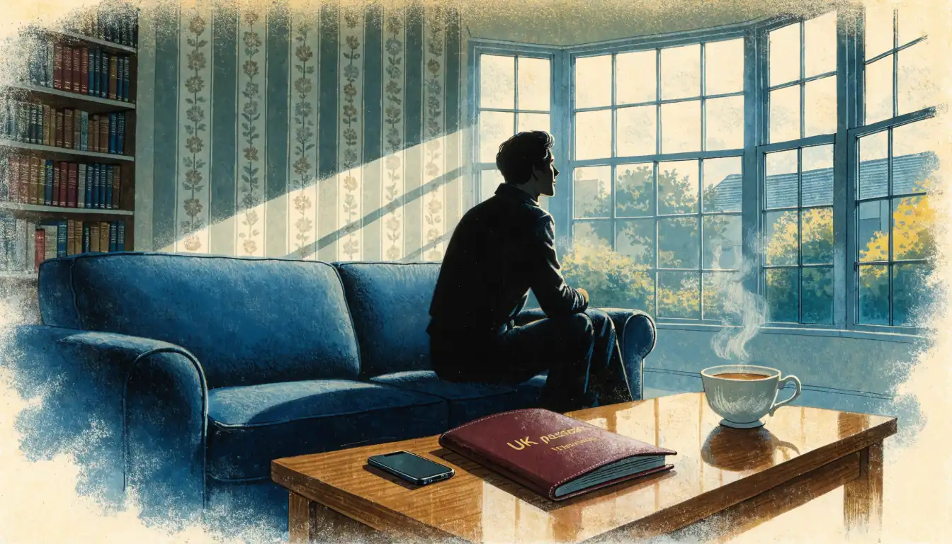 Silhouetted person in British living room with UK passport, face-down phone, and tea.